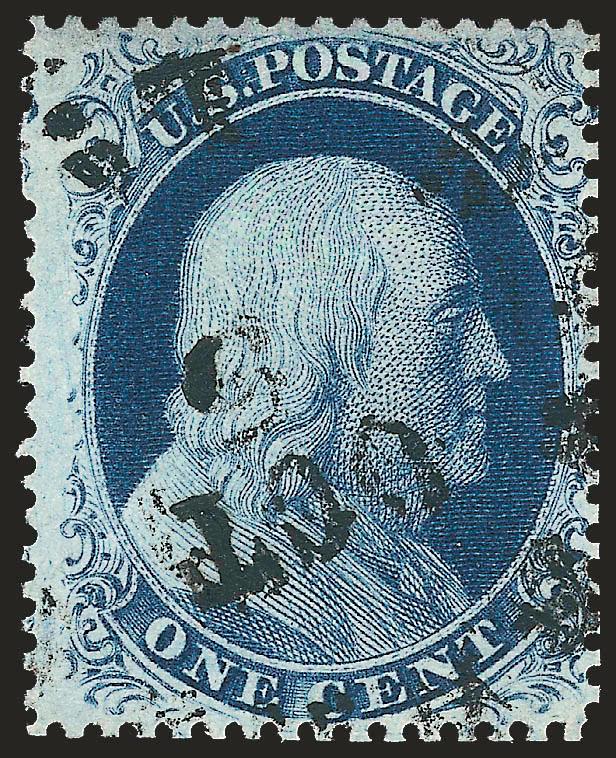 1c Blue, Ty. III (21).> Strong Plate 4 color, almost Indigo shade, partial circular datestamp, two unpunched perfs at top left, Fine, with 2008 P.S.E. certificate