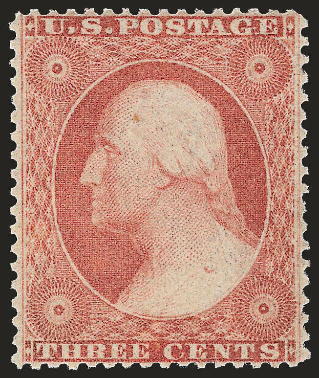 3c Dull Red, Ty. III (26). Mint N.H.,> double frameline at right, essentially perfectly centered, wonderfully fresh and bright, Extremely Fine, with 1998 P.F. and 2008 P.S.E. certificates (XF 90 SMQ $570.00 as
normal variety), Scott Retail as hinged