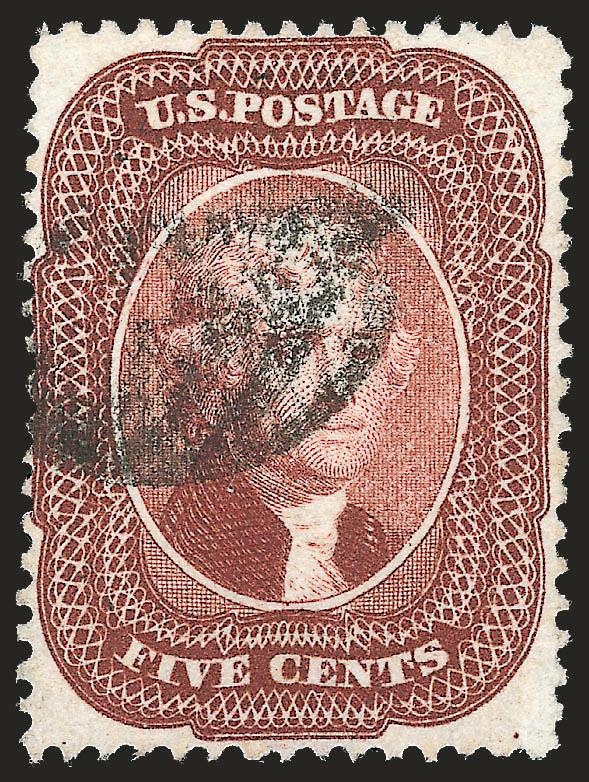 5c Red Brown (28).> Uncharacteristically well-centered with beautiful rich color, grid cancel, two or three perf holes deepened at left center, otherwise Extremely Fine, with 2008 P.S.E. certificate