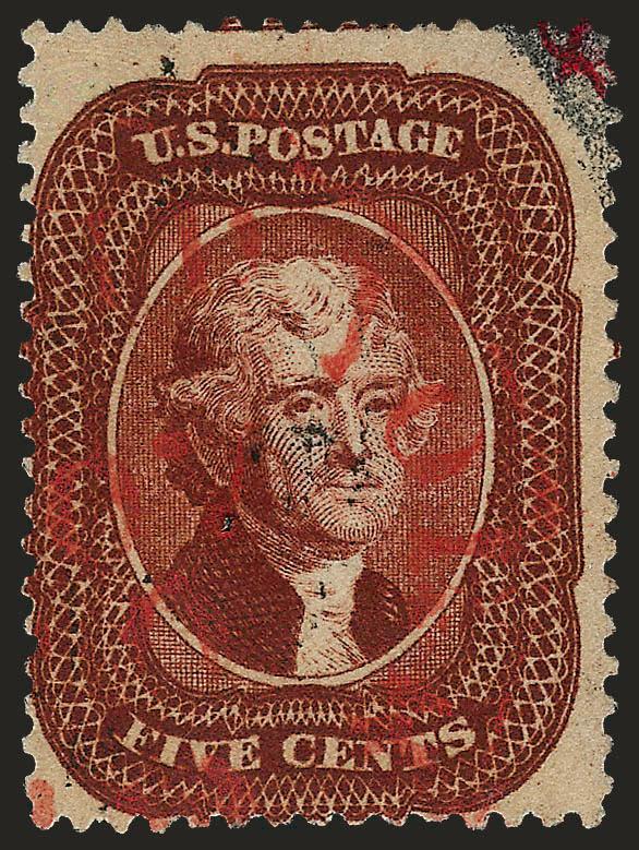 5c Indian Red (28A).> Choice strong color, <red circular datestamp,> barely in left and bottom, still a fairly attractive and affordable example of this scarce 5c 1857 shade, with 1982 P.F. certificate