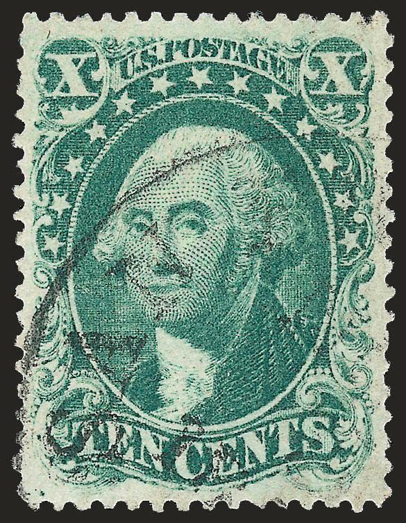 10c Green, Ty. I (31).> Brilliant color and crisp impression on fresh paper, neat strike of San Francisco circular datestamp, beautiful centering with wide and balanced margins<><>^EXTREMELY FINE GEM. THIS
MAGNIFICENT USED EXAMPLE OF THE 1857 10-CE
