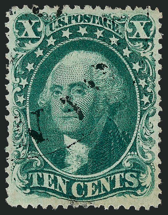 10c Green, Ty. IV (34).> Position 76L1, recut at bottom, essentially perfect centering, lovely rich color with a light circular datestamp, clear impression<><>^EXTREMELY FINE GEM. A MARVELOUS USED EXAMPLE OF
THE PERFORATED 1857 10-CENT TYPE IV WITH