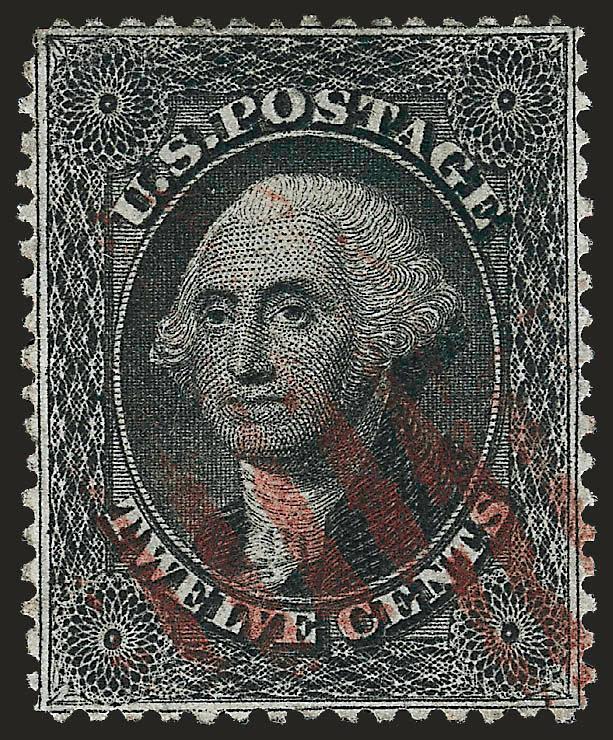 12c Black (36).> Wonderfully well-centered for this tightly-spaced 1857 Issue value, clear impression with neat <red grid> cancel, Extremely Fine, truly exceptional, with 2008 P.S.E. certificate (XF 90 SMQ
$1,000.00)
