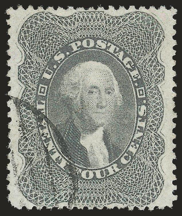 24c Gray Lilac (37).> Exceptionally well-centered with nearly perfectly balanced margins, lovely color with clear impression, light face-free grid cancel in bottom left corner<><>^EXTREMELY FINE GEM. AN
ESPECIALLY HANDSOME USED EXAMPLE OF THE 24-CE