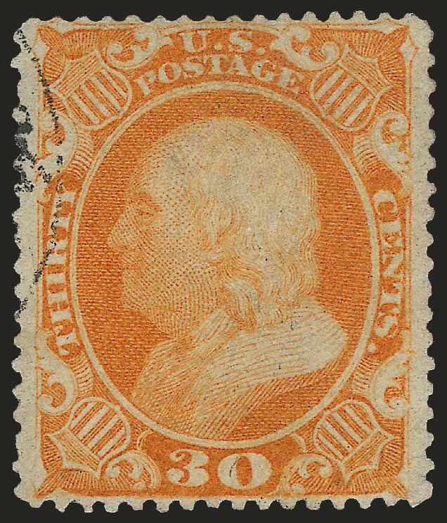 30c Orange (38).> Vibrant color, exceptional centering for this difficult issue, face-free cancel<><>^EXTREMELY FINE GEM. A GORGEOUS USED EXAMPLE OF THE 30-CENT 1860 ISSUE, WHICH HAS BEEN GRADED XF-SUPERB 95J
BY P.S.E., THE HIGHEST GRADE AWARDED TO