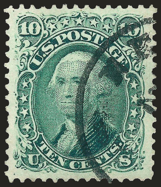 10c Yellow Green (68).> Uncommonly wide Jumbo margins and practically perfect centering, lovely color and bold circular datestamp<><>^EXTREMELY FINE GEM. CERTAINLY ONE OF THE WIDEST-MARGINED AND CENTERED USED
EXAMPLES OF THIS ISSUE WE HAVE EVER ENC