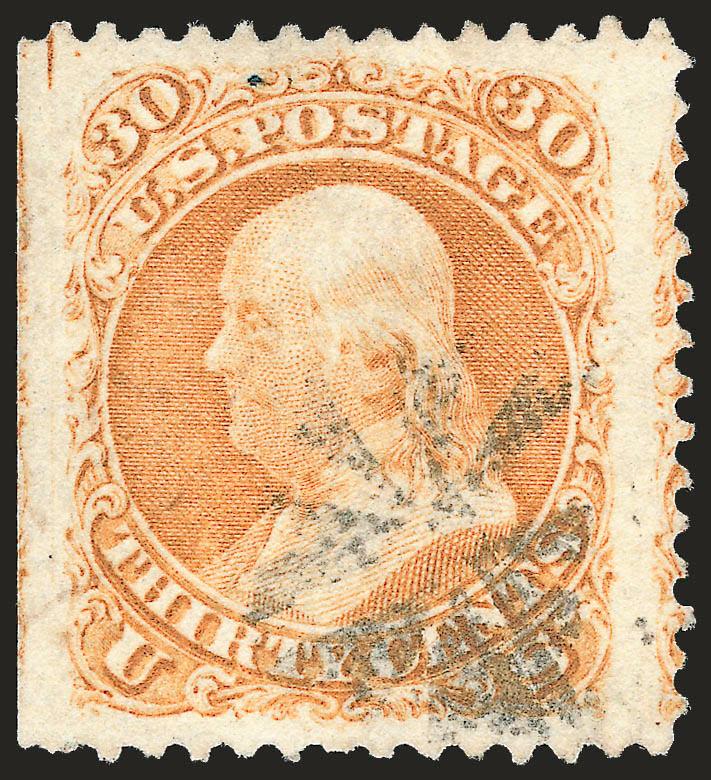 30c Orange (71).> Huge Jumbo margins, shows part of design of adjoining stamp at right and wide natural straddle-pane margin at left, uncommonly wide top and bottom as well, bright color, small circle of wedges
cancel, Extremely Fine, striking exampl