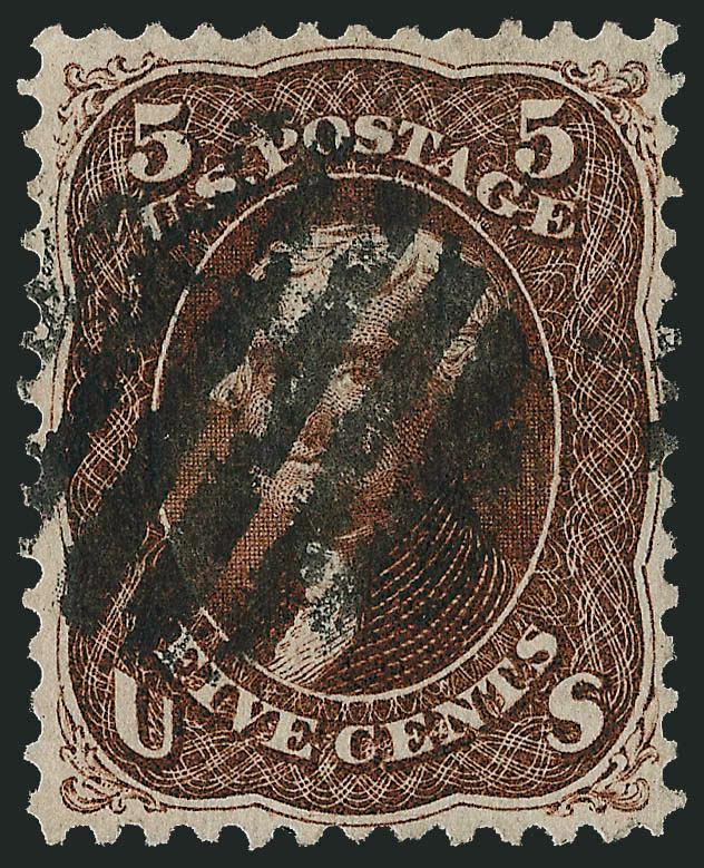 5c Dark Red Brown (75).> Nearly perfect centering and incredibly deep color, bold grid cancel, Very Fine, with 2008 P.S.E. certificate (VF 80 SMQ $530.00), had the cancel not been as strong and centrally placed
over the vignette, this stamp in all l
