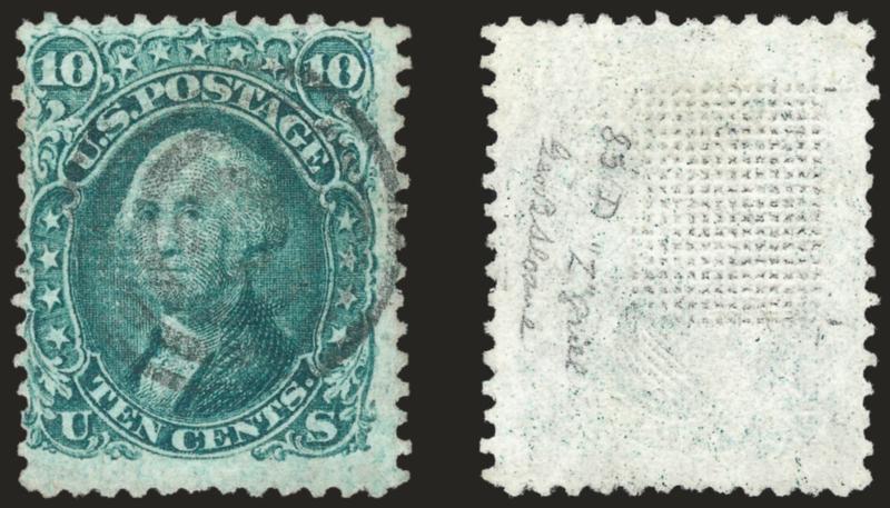 10c Green, Z. Grill (85D).> Target cancel, deep shade, strong grill impression, centered to upper left but perfs clear at top and just barely in at left<><>^FINE AND SOUND. THE 1868 10-CENT Z GRILL IS ONE OF
THE RAREST OF ALL UNITED STATES STAMPS W