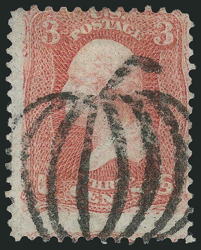 3c Red, F. Grill (94).> Average, bold <Waterbury Conn. Pumpkin cancel,> just about as complete a strike as can be found on a single stamp, Very Fine and choice