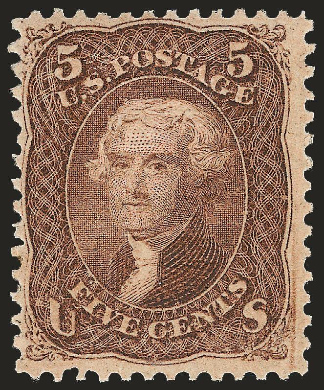 5c Brown, F. Grill (95).> Original gum, pristine and with barest trace of what may be hinging (appears Mint N.H.), beautiful rich color and exceptionally fresh, two irregular perfs at bottom left, Very Fine
appearance, scarce and desirable original-g