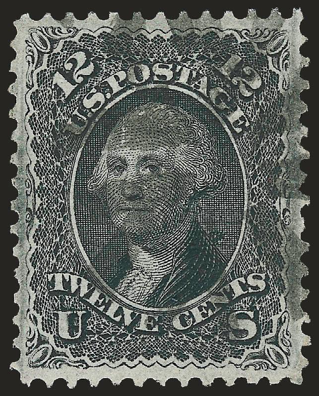 12c Black, F. Grill (97).> Wide margins and wonderfully centered, neat large circle of wedges cancel, clear impression<><>^EXTREMELY FINE GEM. A MARVELOUS 1868 12-CENT F GRILL IN CHOICE USED CONDITION, WHICH
HAS BEEN GRADED XF-SUPERB 95 BY P.S.E.<