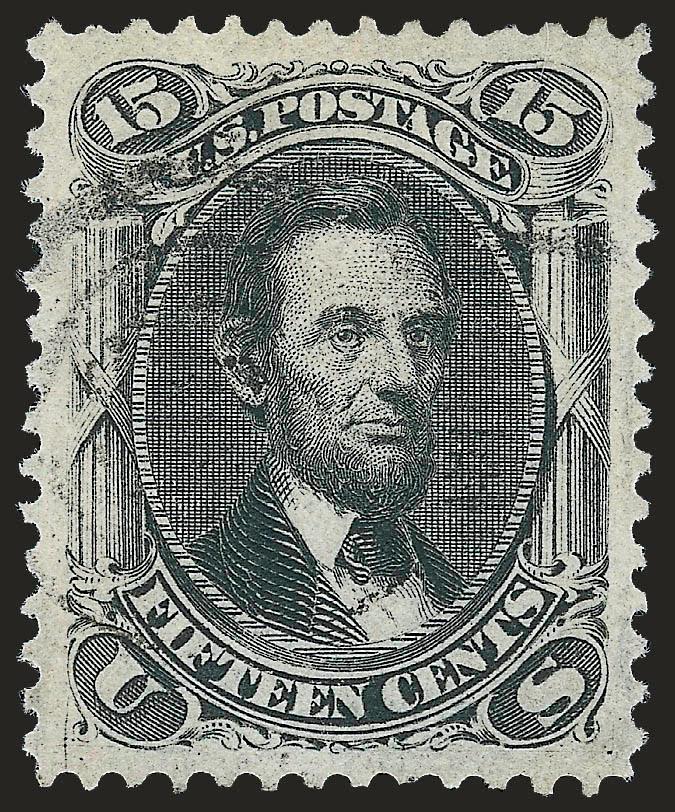 15c Black, F. Grill (98).> Mathematically perfect centering with unusually wide and balanced margins, bright shade and crisp impression, clear grill points, light strike of target cancel leaves entire design
clearly visible, long and full perforation