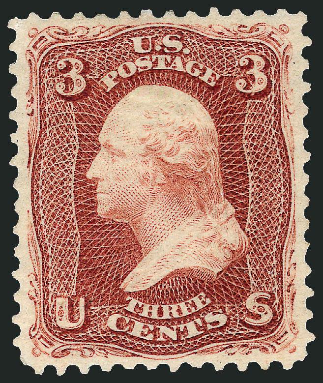 3c Brown Red, Re-Issue (104).> Original gum, deep rich color and proof-like impression on crisp paper, choice centering with well-proportioned margins<><>^EXTREMELY FINE GEM. A SUPERB ORIGINAL-GUM EXAMPLE OF
THE 3-CENT 1861 RE-ISSUE -- ONE OF THE R