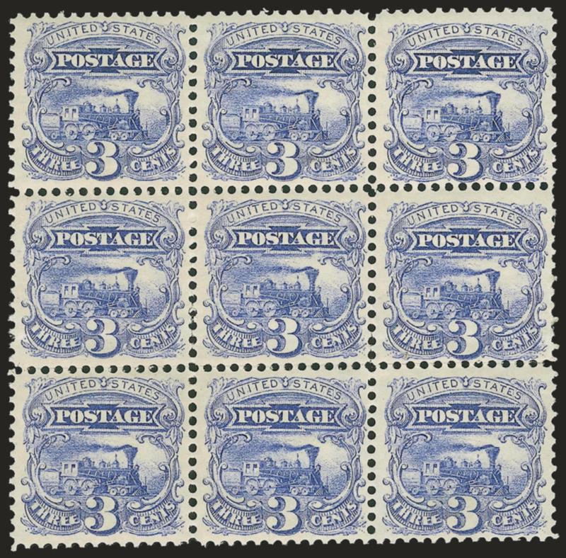 3c Ultramarine (114).> Block of nine, original gum, bottom right vertical pair lightly hinged, <other seven stamps Mint N.H.,> bright and fresh<><>^VERY FINE-EXTREMELY FINE BLOCK OF NINE OF THE 3-CENT 1869
PICTORIAL ISSUE, WITH SEVEN MINT NEVER-HIN