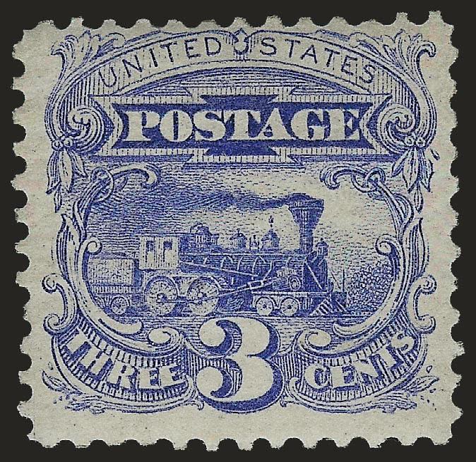 3c Ultramarine, Without Grill (114a).> Original gum, fresh and bright, lovely color<><>^FINE. AN EXTREMELY RARE SOUND EXAMPLE OF THE 3-CENT 1869 PICTORIAL ISSUE WITHOUT GRILL. THE LOWER-VALUE 1869S WITHOUT
GRILL ARE MUCH RARER THAN THE HIGH VALUES