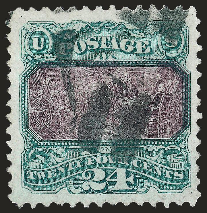 24c Green & Violet (120).> Uncharacteristically wide margins and well-centered, rich colors, cork cancel, Very Fine, an eye-catching stamp that most would consider a Jumbo for the issue, with 1978 and 2008 P.F.
certificates