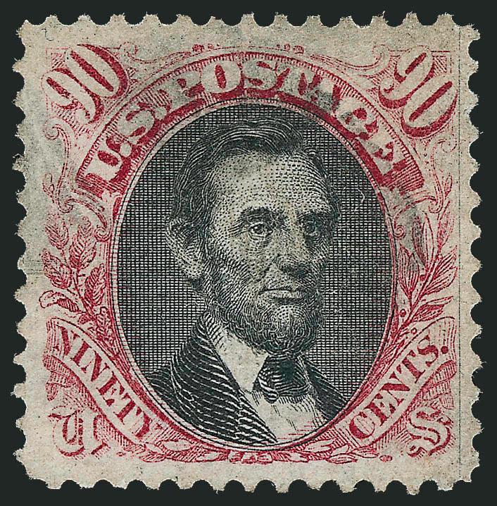90c Carmine & Black (122).> Exceptionally well-centered, clear impression and light cancel<><>^EXTREMELY FINE. A BEAUTIFUL USED EXAMPLE OF THE 90-CENT 1869 PICTORIAL ISSUE.^<><>With 2006 P.F.
certificate