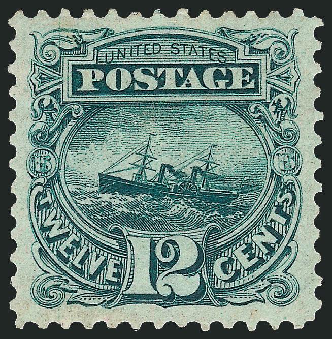 12c Green, Re-Issue (128).> Original gum, lightly hinged, intense shade and impression on crisp paper, well-balanced margins<><>^EXTREMELY FINE ORIGINAL-GUM EXAMPLE OF THE 12-CENT 1869 PICTORIAL
RE-ISSUE.^<><>With 2006 P.S.E. certificate (OGph, X