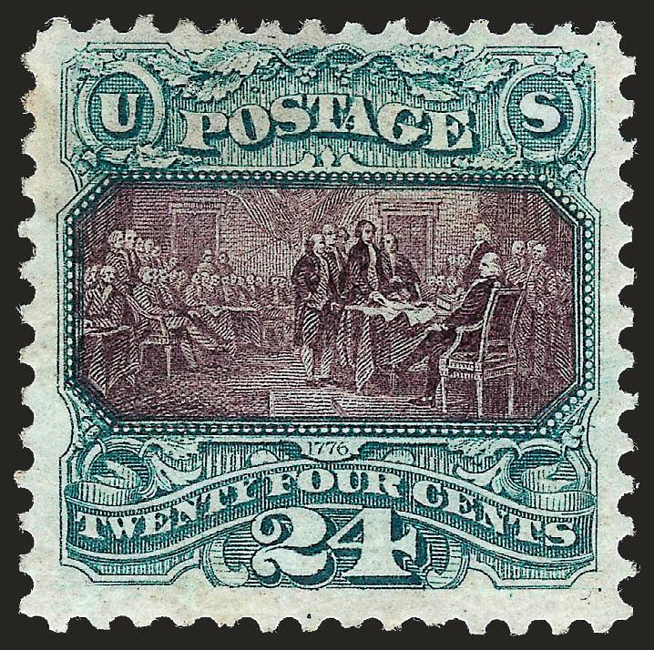 24c Green & Violet, Re-Issue (130).> Original gum with black album offset on about one-quarter of the gum, well-centered, fresh and Very Fine, with 1967 P.F. certificate