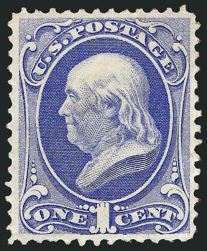 1c Ultramarine, Grill (134).> H. Grill, original gum, lightly hinged, brilliant color on crisp paper, well-proportioned margins<><>^EXTREMELY FINE. A BEAUTIFUL ORIGINAL-GUM EXAMPLE OF THE 1870 ONE-CENT NATIONAL
BANK NOTE COMPANY GRILLED ISSUE.^<><
