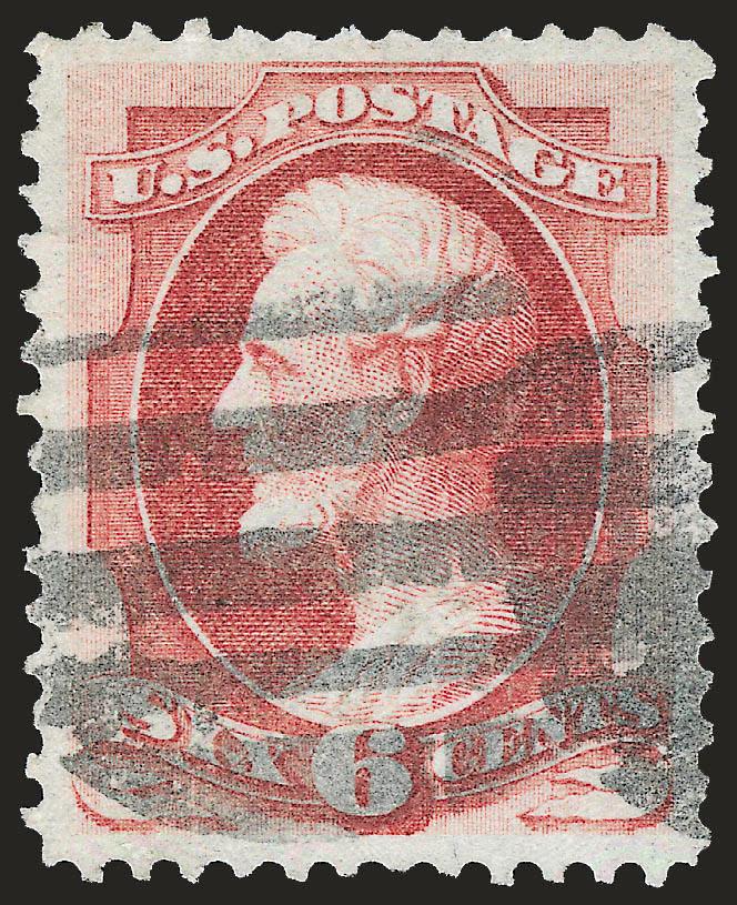 6c Carmine, Grill (137).> H. Grill, clear grill points, deep color, bold strike of cork cancel, Extremely Fine, with 1997 P.F. and 2007 P.S.E. certificates (XF 90 SMQ $1,250.00), certificates do not specify the
grill type