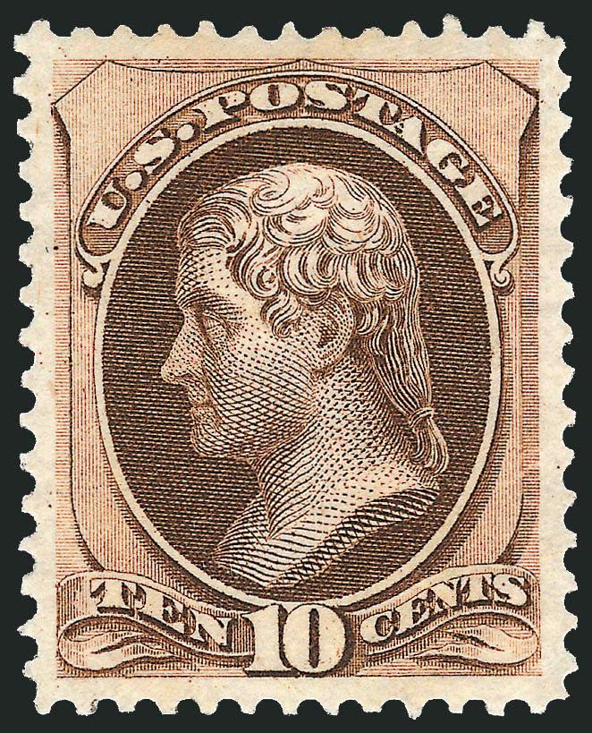 10c Brown (161).> Original gum, lightly hinged, deep rich color and proof-like impression, perfectly centered with unusually wide margins, long and full perforations<><>^EXTREMELY FINE GEM. A SUPERB
ORIGINAL-GUM EXAMPLE OF THE 1873 10-CENT CONTINEN