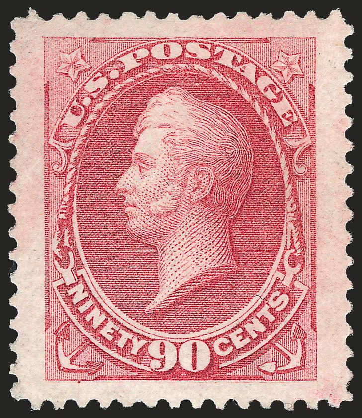 90c Rose Carmine (166).> Original gum described as slightly disturbed on certificate, but appears very fresh to us, perfectly centered with absolutely enormous margins all around, brilliant color<><>^EXTREMELY
FINE GEM. THIS IS ONE OF THE LARGEST