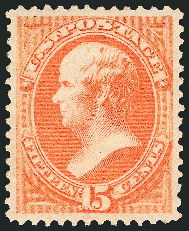 15c Red Orange (189). Mint N.H.,> brilliant color as fresh as the day it was printed, perfectly centered with wide margins, long and full perforations all around<><>^EXTREMELY FINE GEM. A SUPERB MINT
NEVER-HINGED EXAMPLE OF THE 1879 15-CENT AMERICA