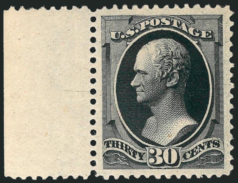 30c Full Black (190).> Original gum, lightly hinged, with selvage at left, intense shade and proof-like impression, Jumbo margins<><>^EXTREMELY FINE GEM. A SUPERB ORIGINAL-GUM EXAMPLE OF THE 1879 30-CENT
AMERICAN BANK NOTE COMPANY REGULAR ISSUE, WH