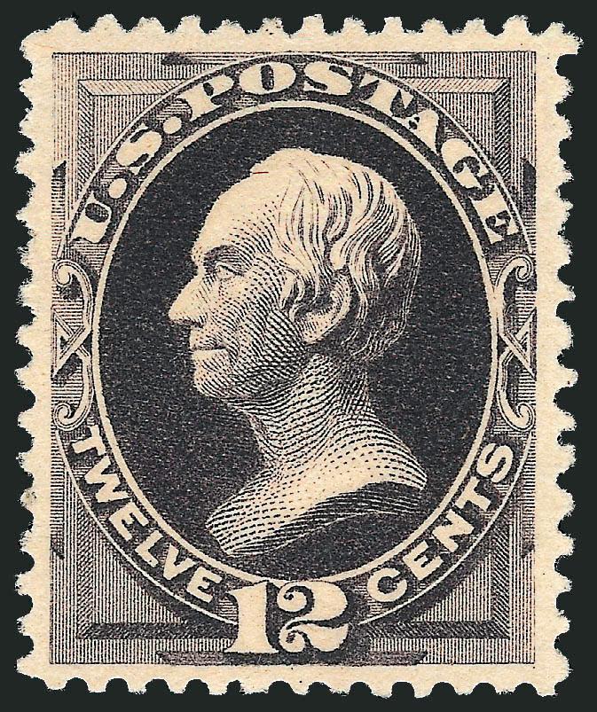 12c Blackish Purple, Special Printing (198).> Without gum as issued, deep rich color, unusually choice centering for this difficult issue with wide and balanced margins<><>^EXTREMELY FINE. A RARE SOUND AND
CENTERED EXAMPLE OF THE 1880 12-CENT AMERI