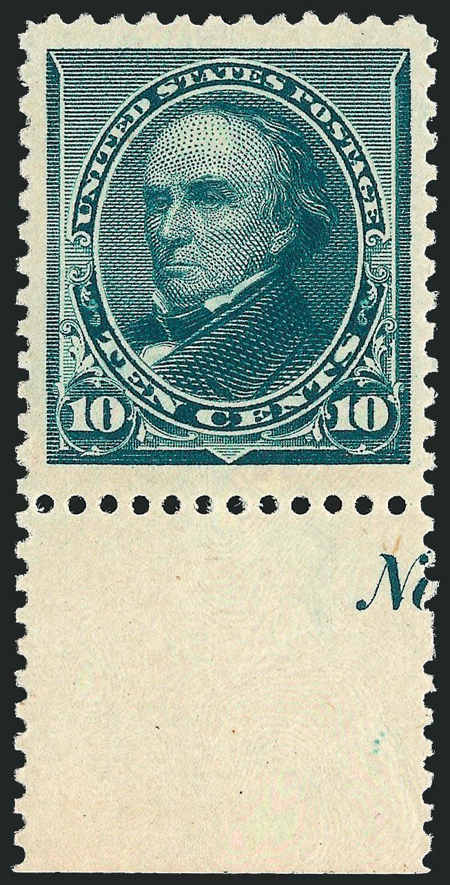 10c Green (226).> Mint N.H. with <wide selvage with part imprint at bottom,> deep rich color and proof-like impression, Jumbo margins<><>^EXTREMELY FINE. A PRISTINE MINT NEVER-HINGED EXAMPLE OF THE 10-CENT 1890
SMALL BANK NOTE ISSUE.^<><>With 200