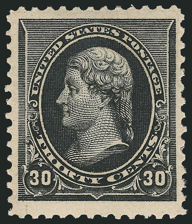 30c Black (228).> Mint N.H., large margins Jumbo proportions, outstanding full intense shade on bright paper, clear impression<><>^EXTREMELY FINE. A SENSATIONAL JUMBO-MARGINED MINT NEVER-HINGED EXAMPLE OF THE
30-CENT 1890 SMALL BANK NOTE ISSUE.^<>