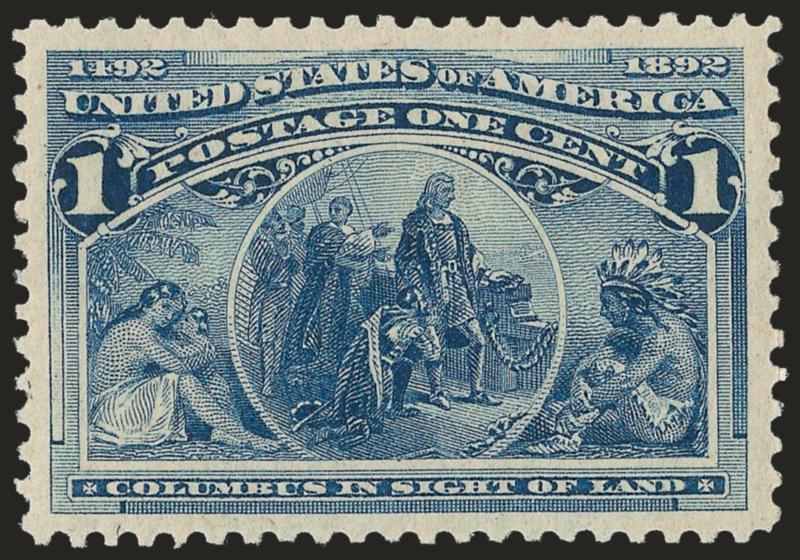 1c Columbian (230).> Mint N.H., wide Jumbo margins, bright color and fine impression, Extremely Fine Gem, with 2007 P.F. and 2008 P.S.E. certificates (XF-Superb 95 Jumbo SMQ $600.00 as 95, $2,600.00 as
98)