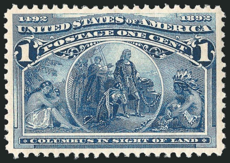 1c Columbian (230).> Mint N.H., attractive margins and exceptionally well-centered, bright color and sharp impression, Extremely Fine Gem, with 2008 P.S.E. certificate (XF-Superb 95 SMQ $600.00)