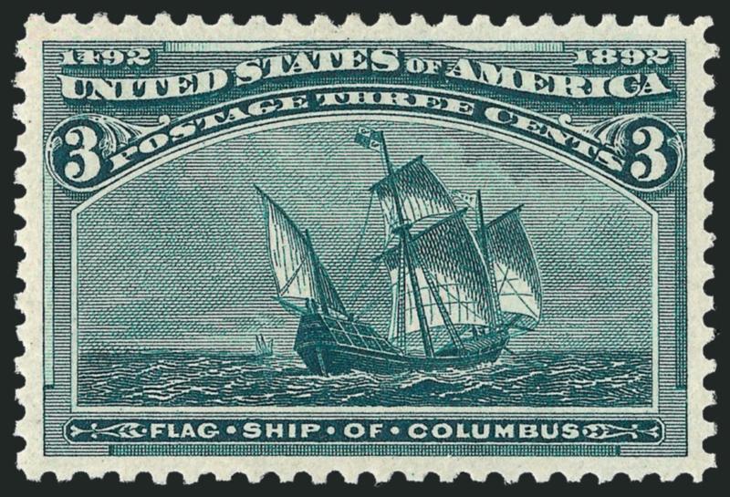 3c Columbian (232).> Mint N.H., deep rich color and proof-like impression, beautifully centered with wide and balanced margins, bright paper<><>^EXTREMELY FINE GEM. A SUPERB MINT NEVER-HINGED EXAMPLE OF THE
3-CENT COLUMBIAN ISSUE. A STAMP WITH STUN