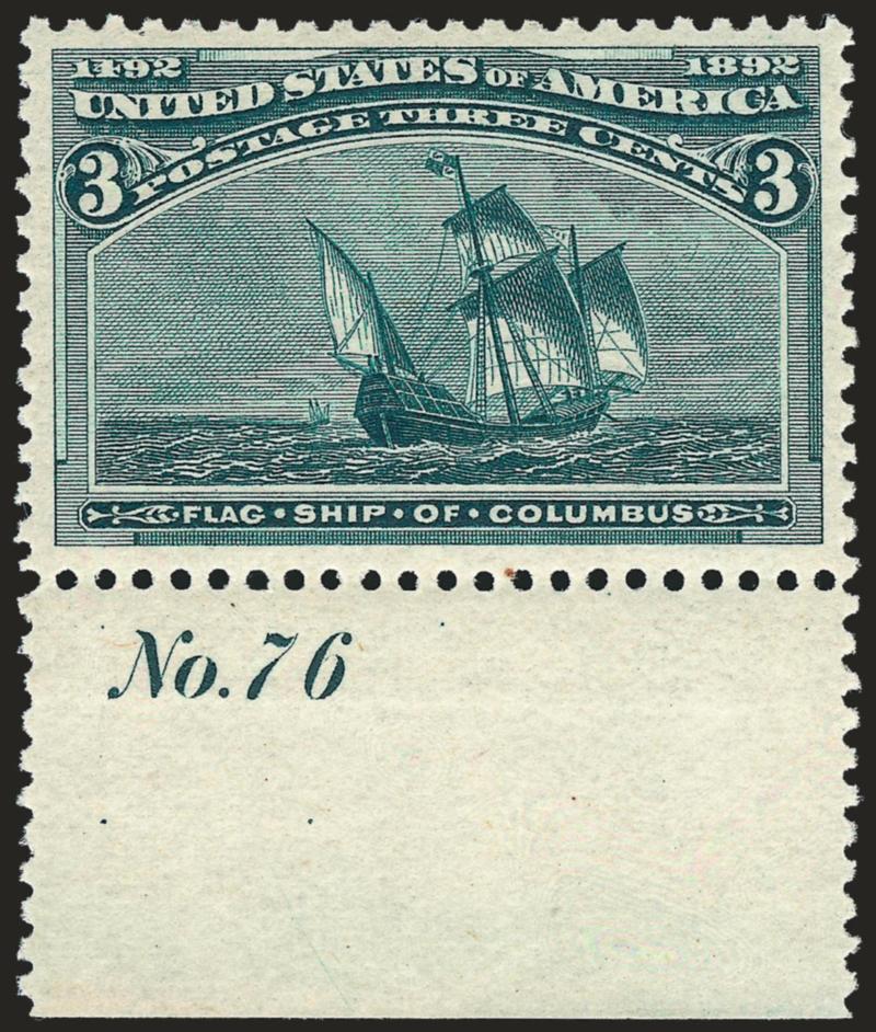 3c Columbian (232).> Mint N.H. with <plate no. 76 selvage at bottom,> rich color, wide margins, Extremely Fine, with 2008 P.S.E. certificate (XF 90 SMQ $380.00)