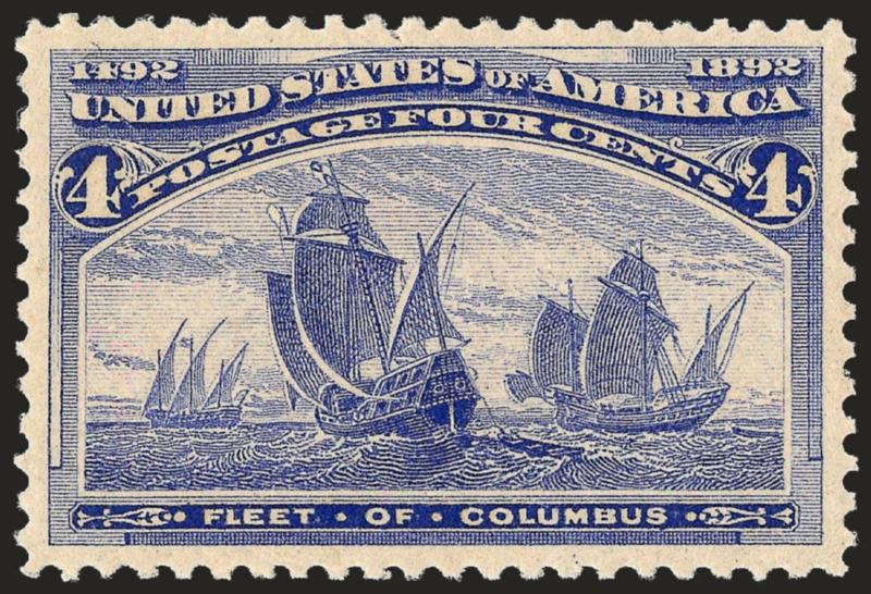 4c Columbian (233).> Mint N.H., deep rich color and proof-like impression, superior centering, long and full perforations all around, Extremely Fine, a beautiful stamp, with 2007 P.S.E. certificate (XF-Superb
95 SMQ $2,200.00)