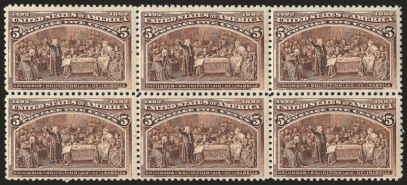 5c Columbian (234).> Mint N.H. horizontal block of six, wonderfully fresh, Fine and attractive, Scott Retail as six Mint N.H. singles