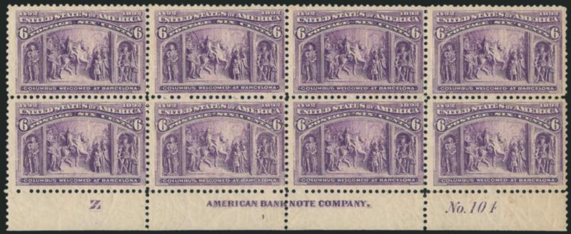 6c Columbian (235).> Mint N.H. bottom imprint, Z and plate no. 104 block of eight, fresh, natural crackly original gum, centered right, Fine