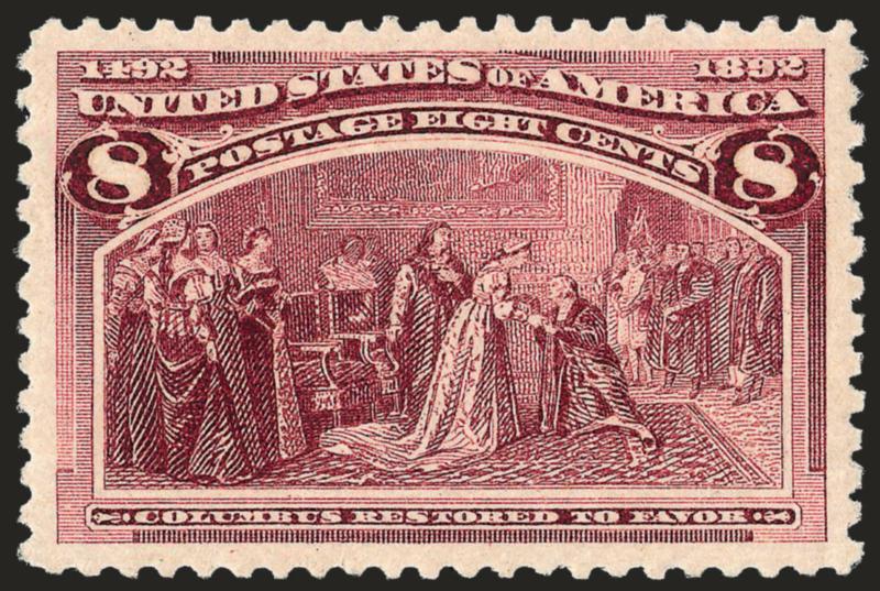 8c Columbian (236).> Mint N.H., rich color and proof-like impression, unusually choice centering with Jumbo margins all around<><>^EXTREMELY FINE GEM. A BEAUTIFUL MINT NEVER-HINGED EXAMPLE OF THE 8-CENT
COLUMBIAN ISSUE, WHICH HAS BEEN GRADED XF-SUP