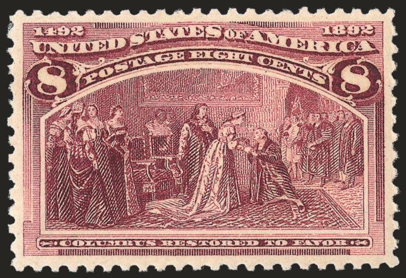 8c Columbian (236).> Mint N.H., deep rich color and proof-like impression, beautiful centering with wide and balanced margins<><>^EXTREMELY FINE MINT NEVER-HINGED EXAMPLE OF THE 8-CENT COLUMBIAN ISSUE.^<><>With
2008 P.S.E. certificate (XF-Superb