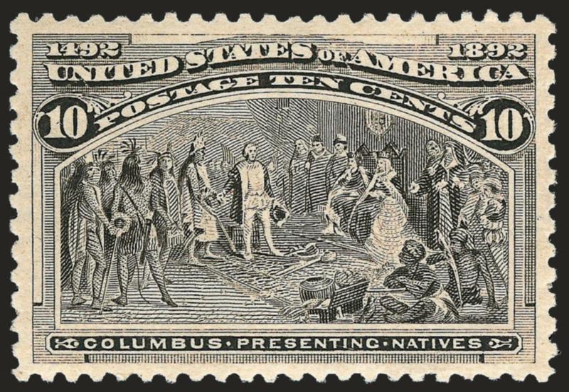 10c Columbian (237).> Original gum, barely hinged, wonderfully well-centered, in the preferred Gray Black shade, Extremely Fine Gem, with 2008 P.S.E. certificate (OGph, XF-Superb 95 SMQ $440.00)