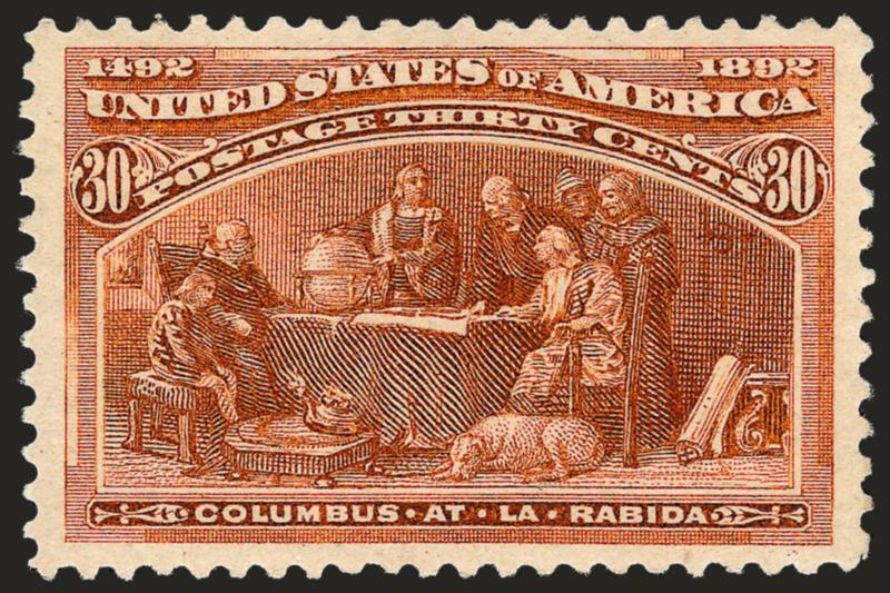 30c Columbian (239).> Original gum, faintly hinged, wide margins, almost perfectly balanced, delightful color and clear impression, Extremely Fine, with 2008 P.S.E. certificate (XF 90 SMQ $510.00)