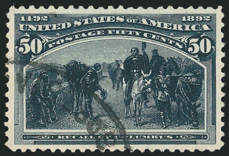50c Columbian (240).> Choice margins and nearly perfect centering, incredibly intense shade, neat corner cancel, Extremely Fine Gem