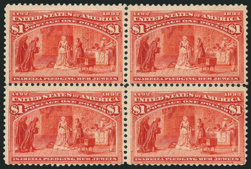 $1.00 Columbian (241).> Block of four, original gum, rich color, centered to bottom, perfs close to barely touch, about Fine