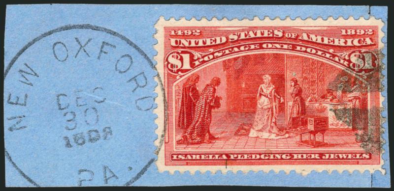 $1.00 Columbian (241).> Tied by cork and New Oxford Pa. circular datestamp on blue piece, rich fiery color and mostly face-free cancel, Fine and attractive