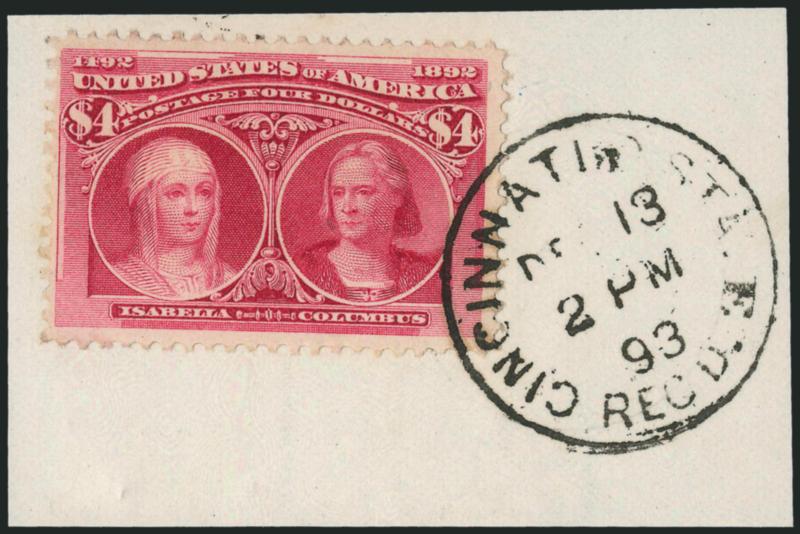 $4.00 Columbian (244).> Tied on piece by completely face-free Cincinnati Sta. E Recd Dec 13 2PM 93 circular datestamp, incredibly deep rich color, Very Fine, exceptionally handsome