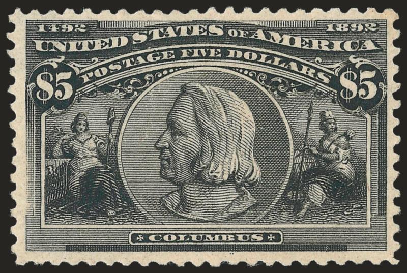 $5.00 Columbian (245).> Original gum, single hinge mark, intense shade and impression<><>^VERY FINE AND CHOICE ORIGINAL-GUM EXAMPLE OF THE $5.00 COLUMBIAN.^<><>With 1983 P.F. and 2008 P.S.E.
certificates