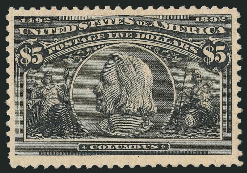 $5.00 Columbian (245).> Original gum, lightly hinged, uncommonly wide margins approaching Jumbo dimensions, intense shade, Very Fine, with 1978 and 1988 P.F. certificates